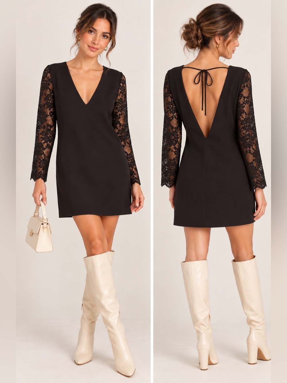 Black V-Neck Lace Sleeve Women's Dress